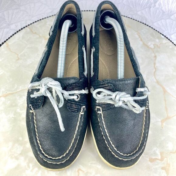 Sperry Shoes Women 7 Black Leather Classic Nautical Driving Slip On Boat Loafers - Picture 4 of 10